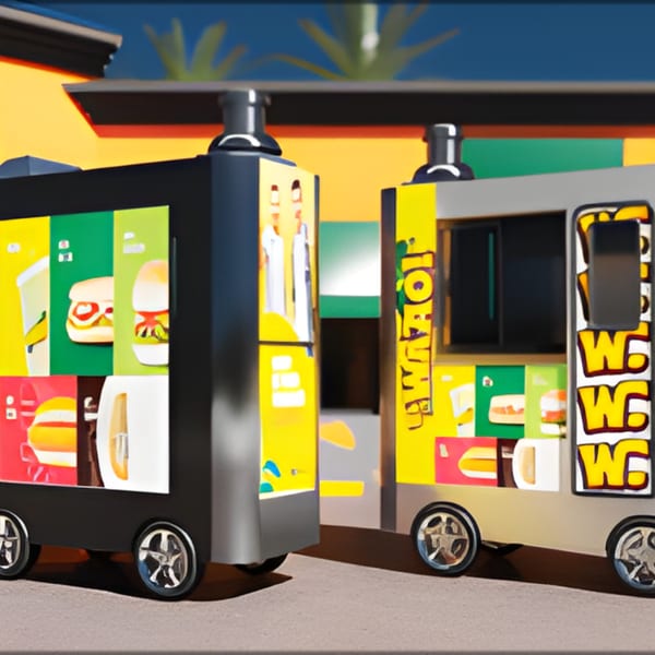 Two colorful food trucks with burger and drink graphics parked on a street.