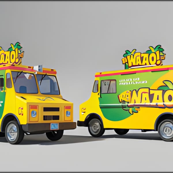 Two colorful yellow and green food trucks with "WAAO!" logos on a light background.