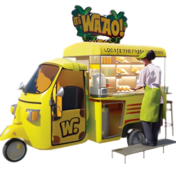 A yellow WAAO! food truck with a person in a green apron serving food from inside.