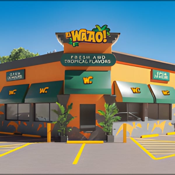 The exterior of a vibrant orange and green "WAAO!" restaurant with a parking lot.