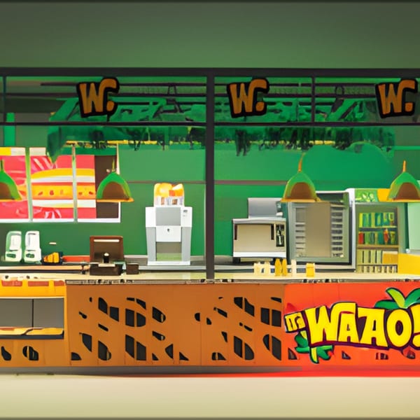 A vibrant, cartoon-style fast food counter with green walls, orange accents, and a "WAAO!" sign.