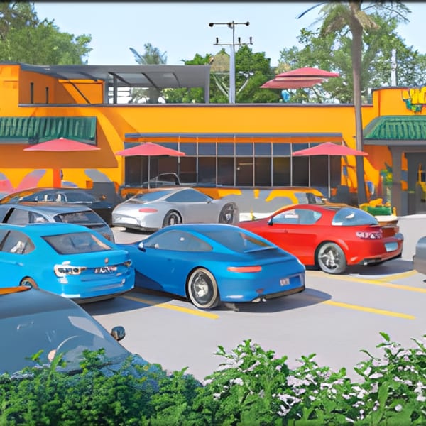 A vibrant orange restaurant with red umbrellas and a parking lot full of cars.